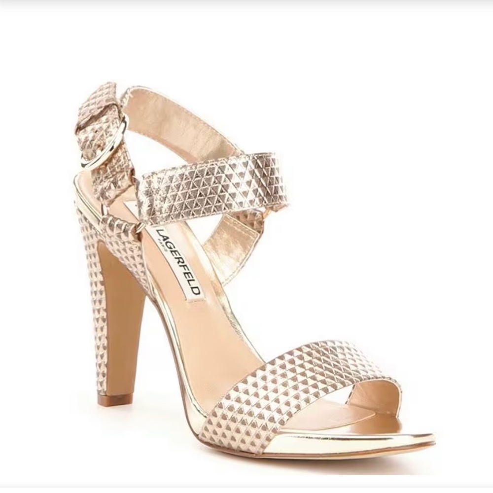 KARL LAGERFELD PARIS Cieone Leather Ankle Strap Dress Sandals color gold size6.5